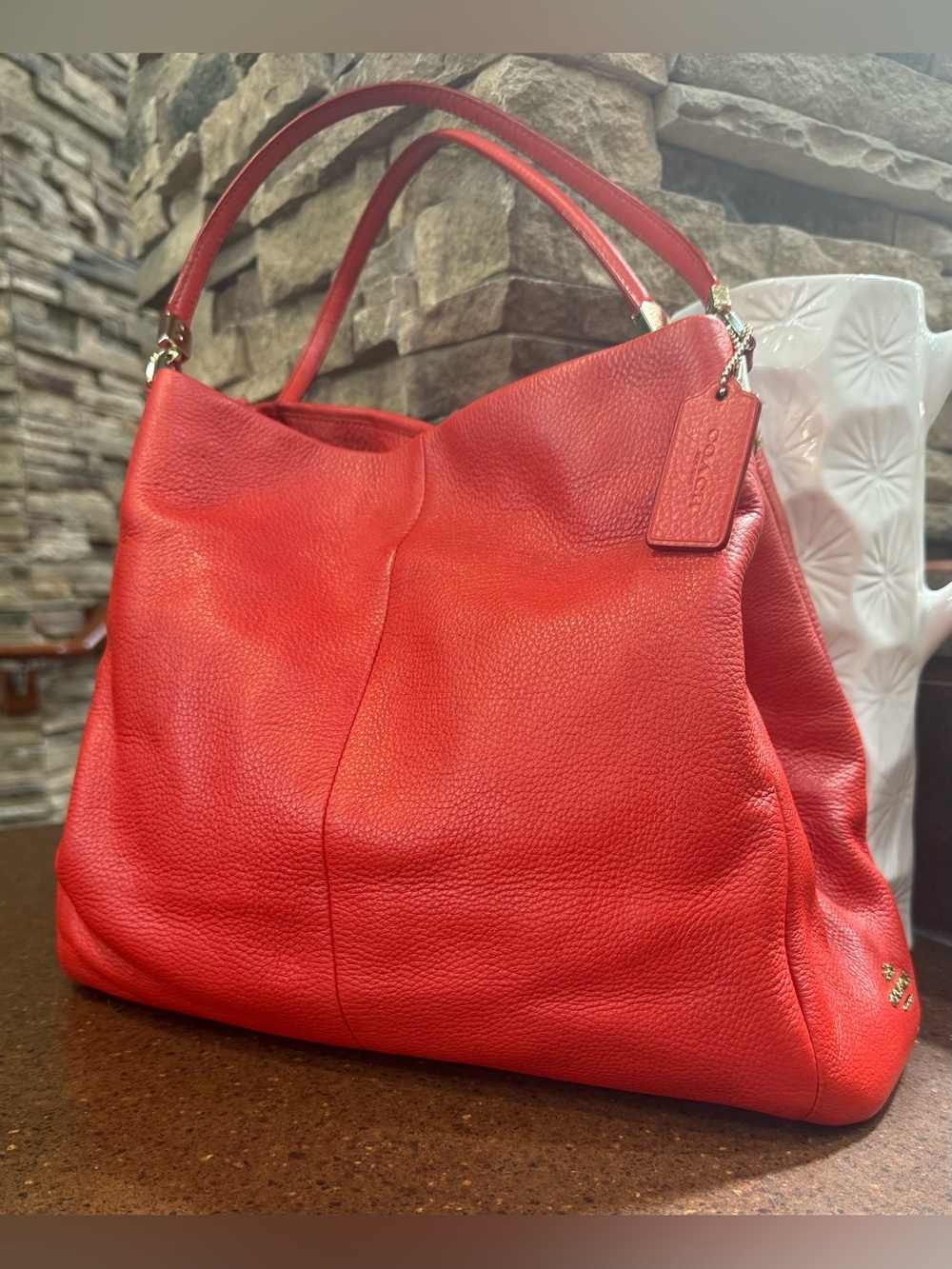 Coach Madison Phoebe in retired Vermillion Pebbled Leather Shoulder Bag/dust bag
